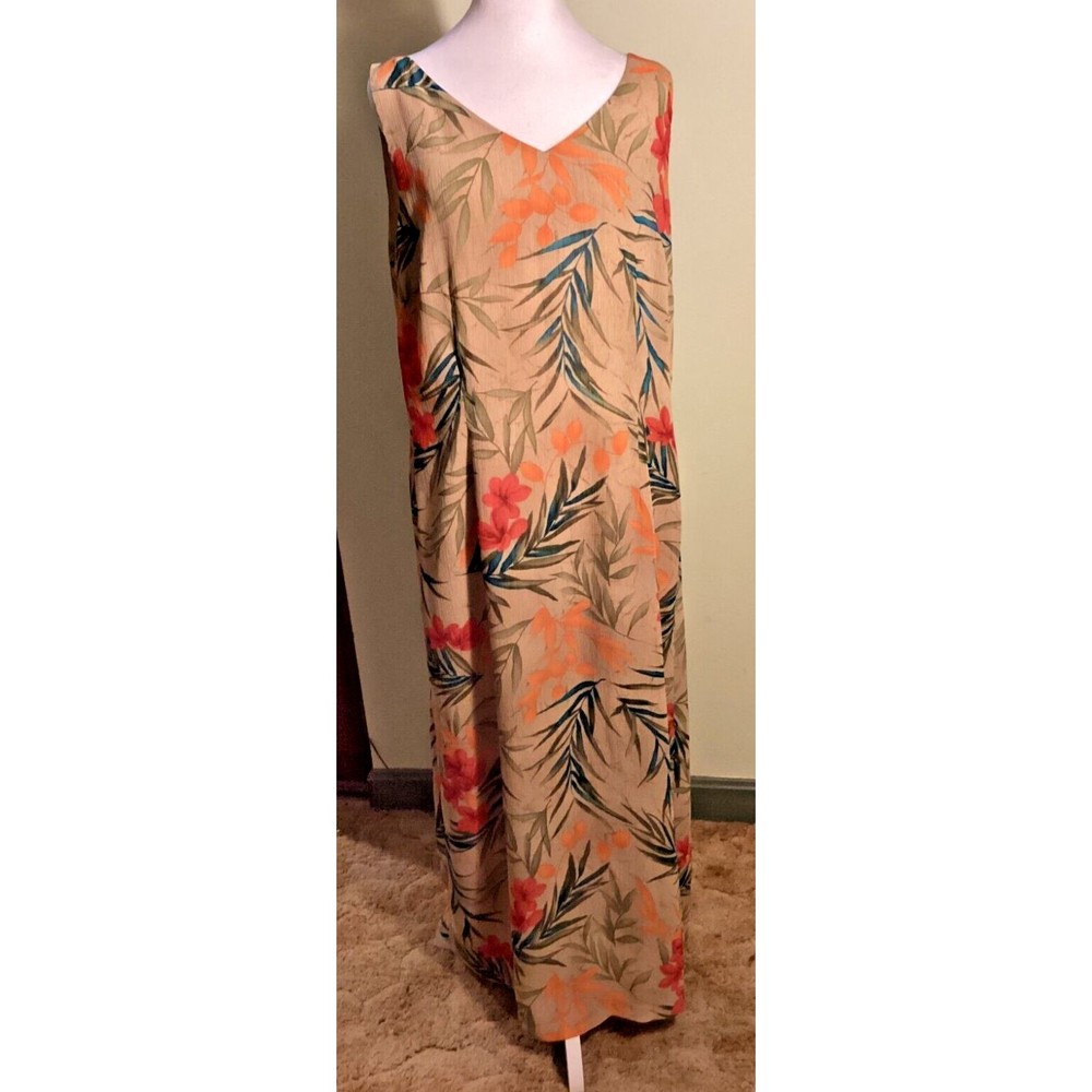 Crazy Horse Collection Tan Floral V-Neck Lined Sleeveless Maxi Dress Size 16